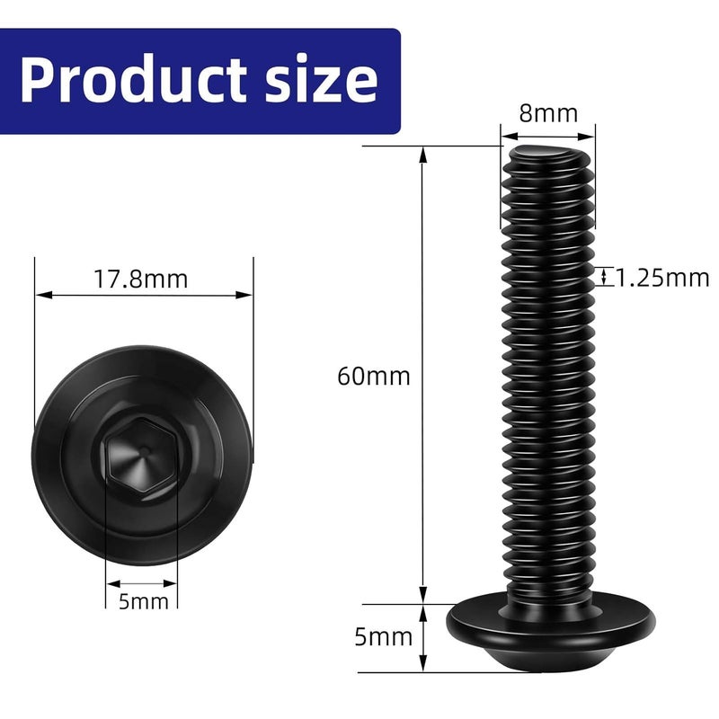 Etauwe 20-Piece M8-1.25 x 60mm Flange Button Head Screws - Black 304 Stainless Steel Socket Head Screws, Allen Hex Drive & Bit Included, Full Thread Machine Bolts - Image 2